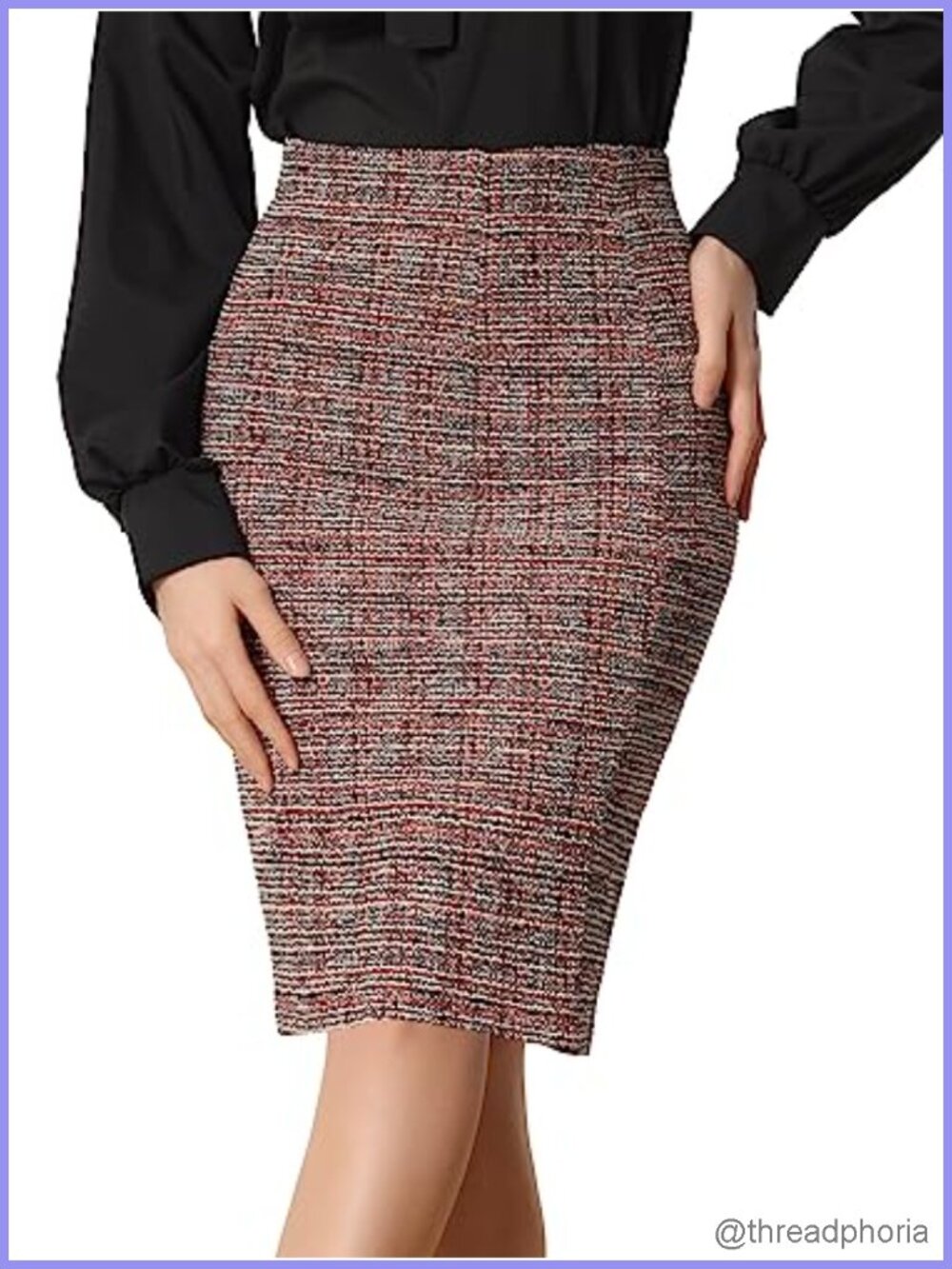 Tweed Plaid High Waist Pencil Skirt - Work Office Business Knee Length